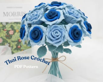 Haakpatroon Thaise roos | Boeket blauwe roos pdf | Gehaakt bloemstuk | Tussentijds doe-het-zelf bruiloftsdecor | Gebloemd middelpunt