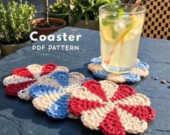 Patroon patriottisch gehaakt onderzetter | Mok vloerkleed Amerikaanse vlag pdf | Eenvoudig gehaakt tapijtdecor | Cadeau voor tafelaankleding Independence Day voor 4 juli
