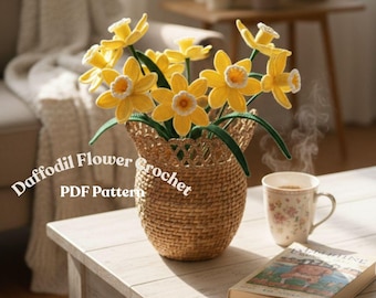 Haakpatroon gele narcis | PDF lentebloemboeket | Levensecht amigurumi-bloemendecor | Zelfgemaakt bloemstuk voor gevorderden