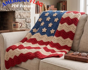 Haakpatroon Amerikaanse vlag deken | Patriottische golvende rimpeling Afghaans pdf | Gemiddeld rood wit blauw plaid | Veteranencadeau 4 juli