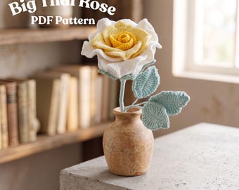 Gehaakt rozenpatroon | Realistische bloem pdf | Halfgevorderde bloemenboeketten | 3D-gelaagde gele roos stengel bruiloft Valentijnscadeau