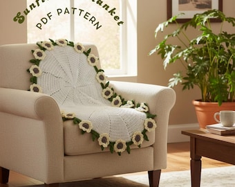 Patroon gehaakte zonnebloemdeken pdf | Ronde plaid Afghaan | 3D-tafelstuk met bloemen | Intermediair woondecoratie | Direct downloaden
