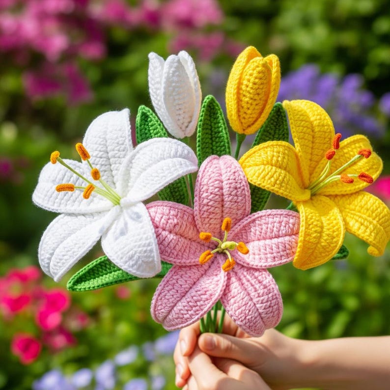 May include: A bouquet of handmade crochet flowers in various colors. The bouquet includes white lilies, a pink lily, a yellow lily, a white tulip, and a yellow tulip. The flowers have green leaves and orange stamens.