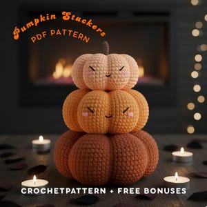 以下が含まれることがあります： オレンジと茶色の3つの色の、かぎ針編みのかぼちゃのスタック。笑顔とピンクの頬があります。スタックの一番上には小さな茎があります。「Pumpkin Stackers PDF PATTERN」というテキストが上にあります。「CROCHET PATTERN + FREE BONUSES」というテキストが下にあります。