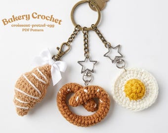 3-in-1 bakkerijhaakpatroon | Croissant Pretzel Egg Amigurumi Food PDF | Sleutelhanger voor gevorderden en speeltjes