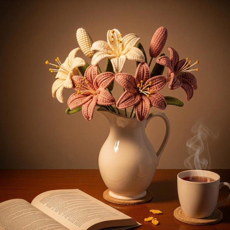 May include: A still life featuring a bouquet of crocheted lilies in a white pitcher. The flowers are in shades of cream and pink, with green leaves and yellow stamens. A cup of tea steams next to an open book on a wooden table.