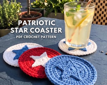 Patroon patriottisch steronderzetter gehaakt | 4 juli decor pdf | Gemakkelijke Americana-appliqué | Onafhankelijkheidsdag mok vloerkleed