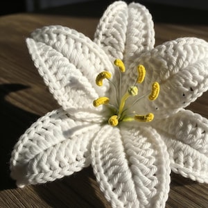 May include: A handmade white crochet flower with six petals and yellow stamens. The flower is crafted with a textured stitch, giving it a three-dimensional appearance. The yellow stamens are attached to thin wire stems, adding a delicate touch.