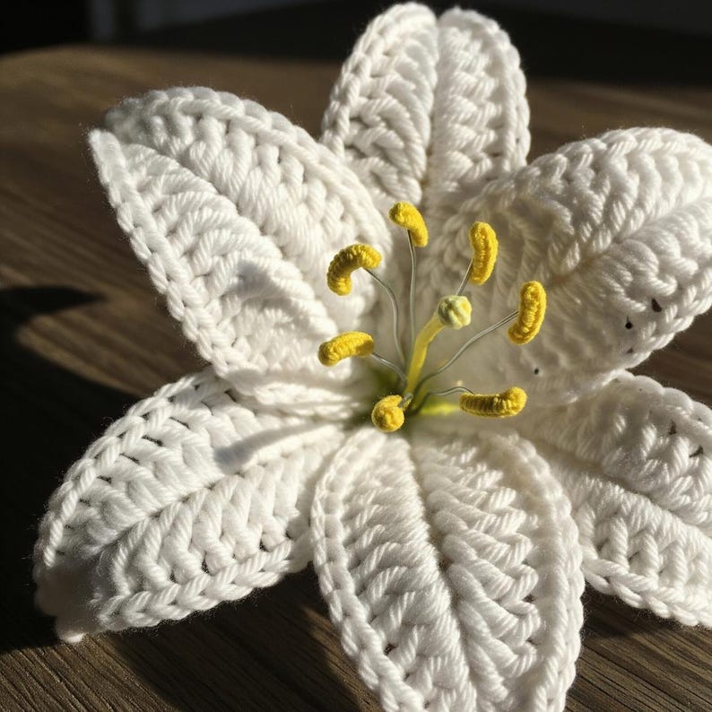 May include: A handmade white crochet flower with six petals and yellow stamens. The flower is crafted with a textured stitch, giving it a three-dimensional appearance. The yellow stamens are attached to thin wire stems, adding a delicate touch.