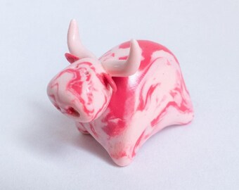 Handmade Pink Marbled Cow Figurine: Polymer Clay Cottagecore Desk Decor
