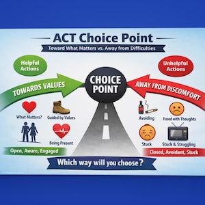 Könnte beinhalten: Infografik "ACT Choice Point" mit Pfeilen, die "Zu Werten" und "Weg von Schwierigkeiten" anzeigen. Enthält Symbole für Herz, Stiefel, Paar und traurige Gesichter. Text: "Welchen Weg wählst du?"
