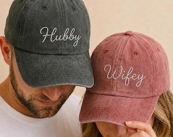 Personalized Hubby Wifey Embroidered Hats, Custom Mr and Mrs Baseball Caps, Couple Honeymoon Hats, Just Married Gift, Vintage Style Hats
