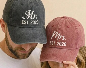 Custom Mr and Mrs Embroidered Hats, Custom Hubby Wifey Baseball Caps, Couple Honeymoon Hats, Just Married Gift, Vintage Style Hats