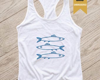 Embroidered Sardine Racerback, Coastal Summer Tank Top, Ocean Lover Gift