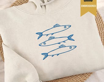 Embroidered Sardine Sweatshirt/Hoodie, Ocean Lover Gift, Coastal Summer Crewneck