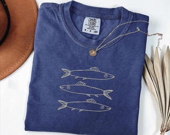 Embroidered Sardine Tshirt, Ocean Lover Gift, Coastal Summer Shirt