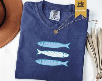 Embroidered Sardine Tshirt, Coastal Summer Shirt, Ocean Lover Gift