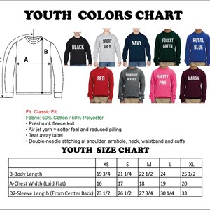 May include: A youth colours chart showing sweatshirts in colours like black, navy, and red. The chart includes a size guide with measurements for body length, chest width, and sleeve length in inches.