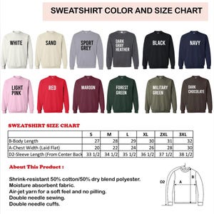 May include: A sweatshirt colour and size chart, displaying colours such as white, black, and navy. The size chart provides measurements for body length, chest width, and sleeve length in inches. The product details mention fabric composition and features.