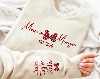 Custom Embroidered Disney Mom Sweatshirts, Personalized Kids Name On Sleeve Embroidery, Disney Family Sweatshirt, Mother's Day Gift For Mom