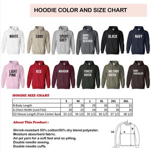 May include: A hoodie colour and size chart. The chart shows hoodies in colours such as white, black, and navy. The size chart provides measurements for body length, chest width, and sleeve length. The product description details the fabric and construction.