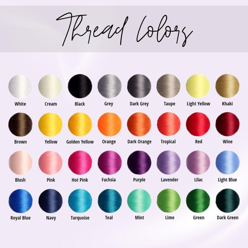 May include: A colour chart showing a range of thread colours. The chart includes shades such as white, cream, black, grey, dark grey, taupe, light yellow, khaki, brown, yellow, golden yellow, orange, dark orange, tropical, red, and wine.