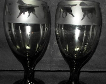 Gaiting Bernese Mountain Dog Silhouette Hand Etched on to a Set of Two Wine Glasses