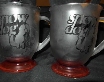 30% OFF Etched  Bernese Mountain Dog "Snow Dog" on Set of Two Glass Coffee Mugs