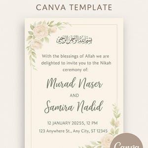 Nikkah Invitation Template – Muslim Wedding Invitation Editable – Islamic Wedding Digital Invite, Bismillah Floral Design