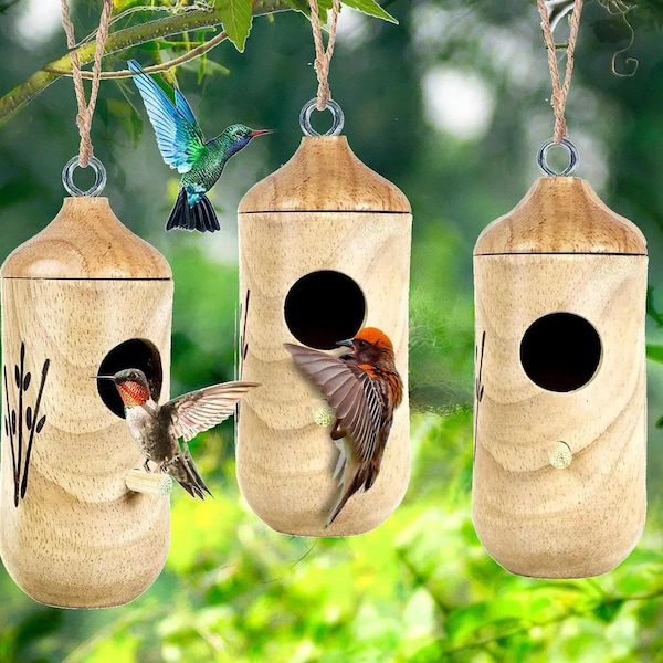 Hummingbird House for Outside Hanging, Wooden Humming Bird Nest with Hemp Ropes, Hummingbird Nest for Garden Window Outdoor.