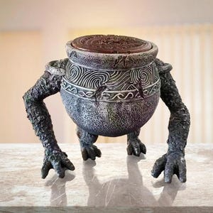 May include: A detailed sculpture of a pot with arms and legs, featuring a weathered, textured appearance. The pot has a lid and is adorned with intricate patterns and designs. The color palette includes shades of gray, brown, and green.
