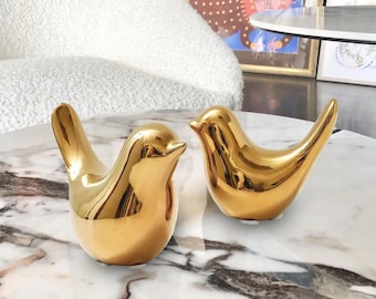 金色の鳥の置物2個セット、モダンでミニマルな鳥の装飾、セラミック製
