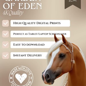 May include: Digital art print of a horse's head, showcasing a white blaze and mane, embellished with jewels. The image includes the text "Garden of Eden" and "High Quality Digital Prints".
