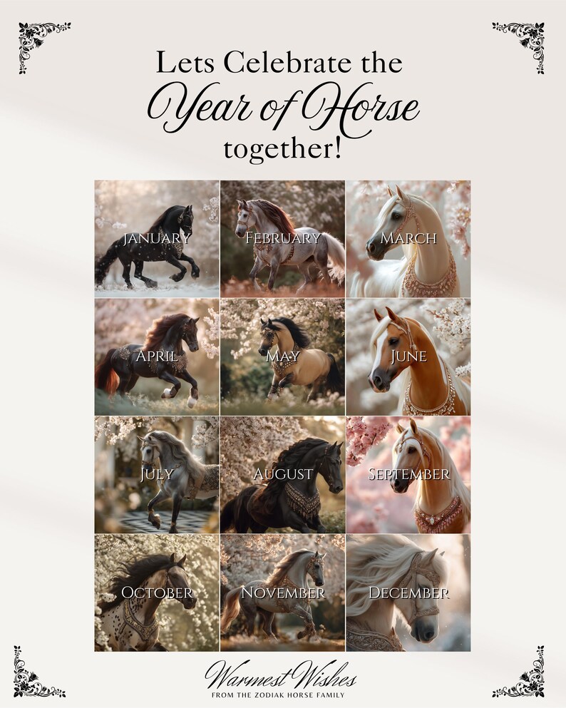May include: A poster featuring images of horses representing each month, with the text "Lets Celebrate the Year of Horse together!". The poster also includes the text "Warmest Wishes from the Zodiac Horse Family".
