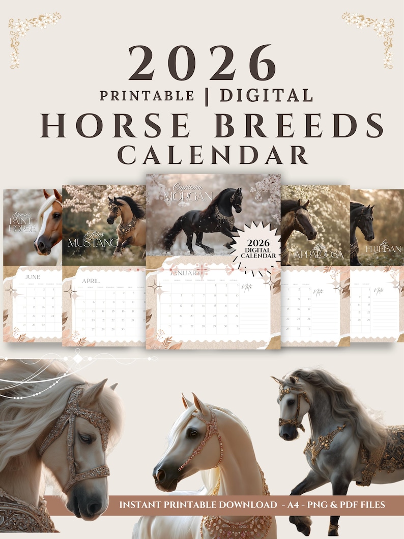 2026 Calendar Digital Prints | 4K Horse Art | Instant Delivery image 1