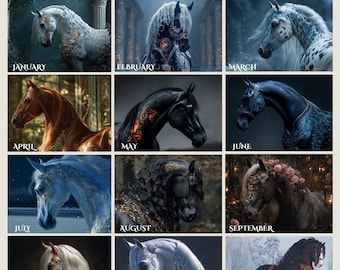 2026 Zodiak Horse Calendar, Astrology Signs, Moon Phases, Horse Art Edition