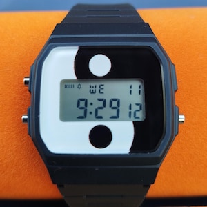 Casio Custom f-91w Yin-Yang Inspired Retro Digital Watch, Minimalist Black & White Mod
