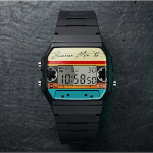 THE B-SIDE - Modified Watch Based on Casio F-91W – Internal UV Printed Cassette Design – Custom 80s Style Retro Gift