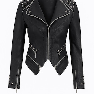 May include: Black leather jacket with silver-tone metal studs on the shoulders and sleeves. The jacket features a notched collar, a diagonal zipper closure, and multiple zippered pockets. The design includes quilted detailing and a fitted silhouette.