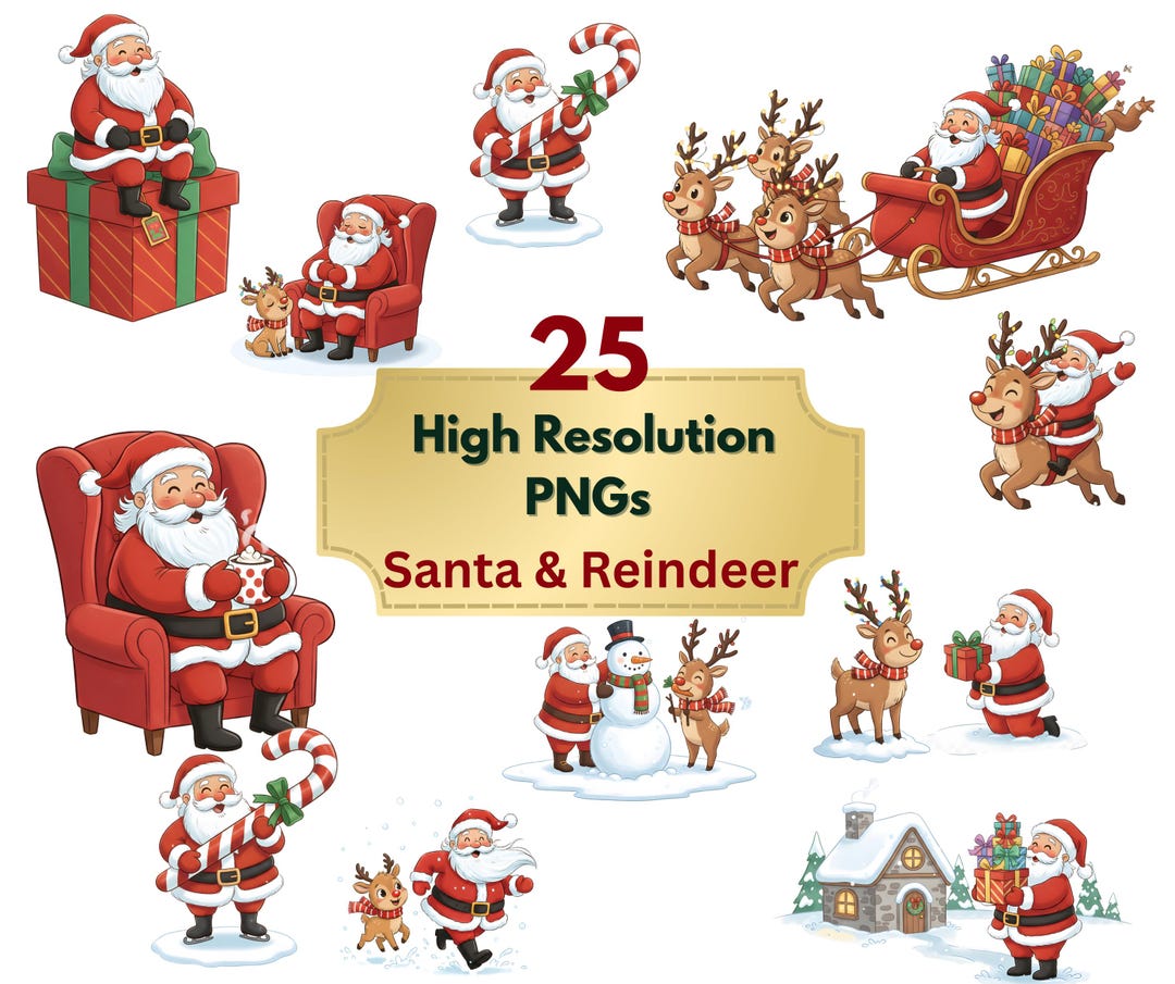 25 Santa & Reindeer PNG Clipart Bundle, Christmas Santa Illustrations ...
