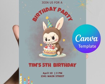 Niedliche Hasen Monster Geburtstagseinladung 13x18 | Bearbeitbare Canva Vorlage | Ausdruckbare Kinderparty für Jungen & Mädchen Niedliche Cartoon Party einladen