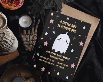 Cute Ghost Halloween Baby Shower Invite Spooky Editable Boy or Girl Invitation Halloween Gender neutral Gender Reveal