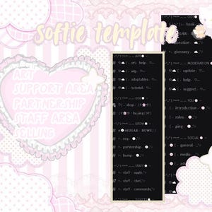 以下が含まれることがあります： 「Softie template」のテキストが入ったピンクと白のデジタルテンプレート。デザインには、「ART、SUPPORT AREA、PARTNERSHIP、STAFF AREA、SELLING」という言葉が入ったハート型のグラフィックが含まれています。2つの黒い長方形には追加のテキストが表示されています。