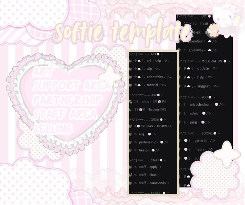 May include: A pink and white digital template with the text "Softie template." The design includes a heart-shaped graphic with the words "ART, SUPPORT AREA, PARTNERSHIP, STAFF AREA, SELLING." Two black rectangles display additional text.