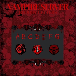 K&ouml;nnte beinhalten: Ein dunkelrotes und schwarzes Gothic-Design mit dem Text "VAMPIRE SERVER BLOODY LETTERS". Das Bild zeigt die Buchstaben A bis G in tropfendem Rot, drei kreisf&ouml;rmige Designs und dekorative Herzen und Rosen.
