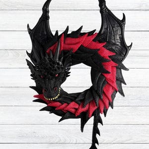 Dragon Wreath Red and Black Fantasy Front Door Decor Gothic Halloween Decoration Handmade Mesh Wreath Unique Mythical Wall Art