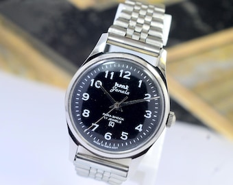 Vintage HMT Janata zwarte wijzerplaat mechanisch 17 juwelen parashock handopwindbaar herenpolshorloge