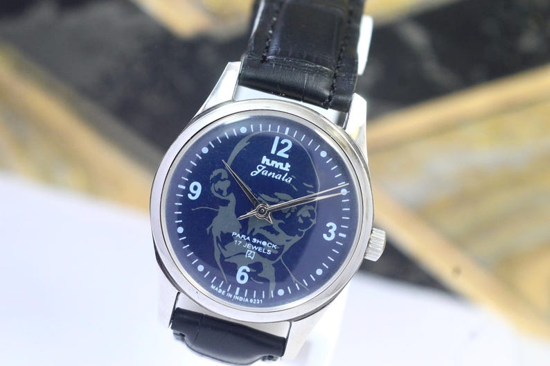 Rare Vintage HMT Janata Blue Dial 17 Jewels Para Shock Hand-Winding Mechanical Men’s Watch image 1