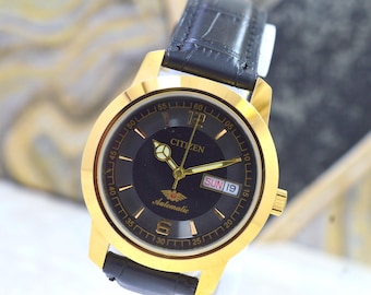 Reloj Citizen automático vintage 8200A con fecha y día, esfera negra, 21 joyas, para hombre, fabricado en Japón, estilo retro.