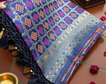 Dola Silk Dyeable Navy blue Dupatta Zari Jacquard Weaving |  Bandhani Meena Dupatta | Banarasi Stole